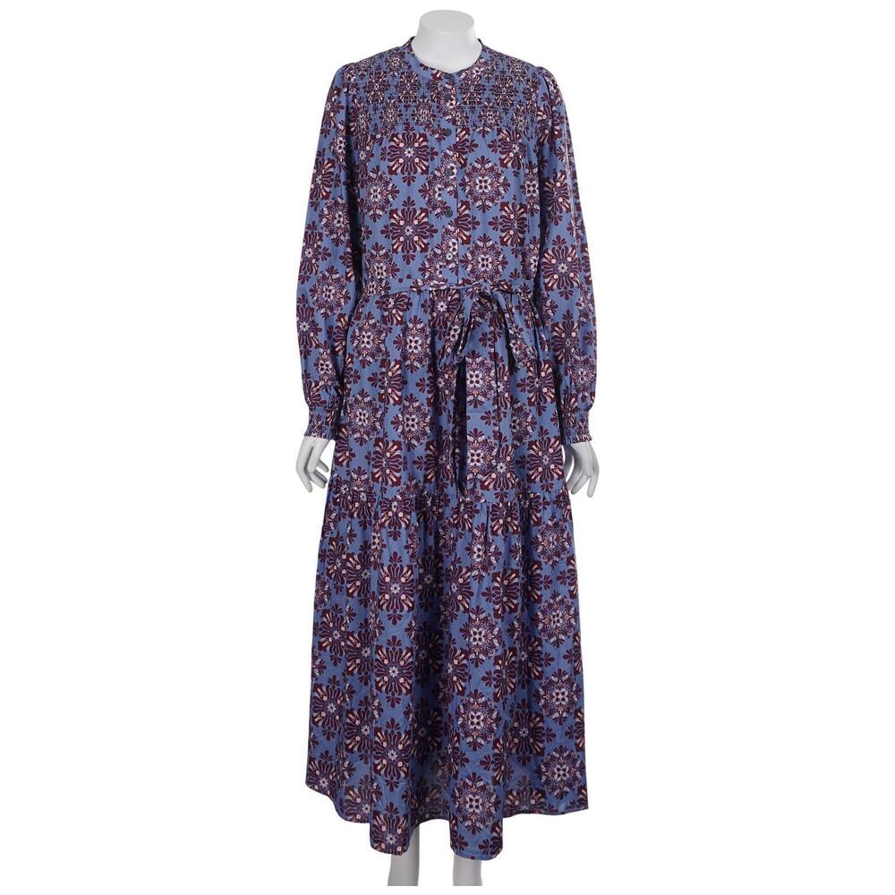 Boden Cecily Dress 10R Blue Burgundy Long Sleeve Smocked Tiered Cotton Midi
